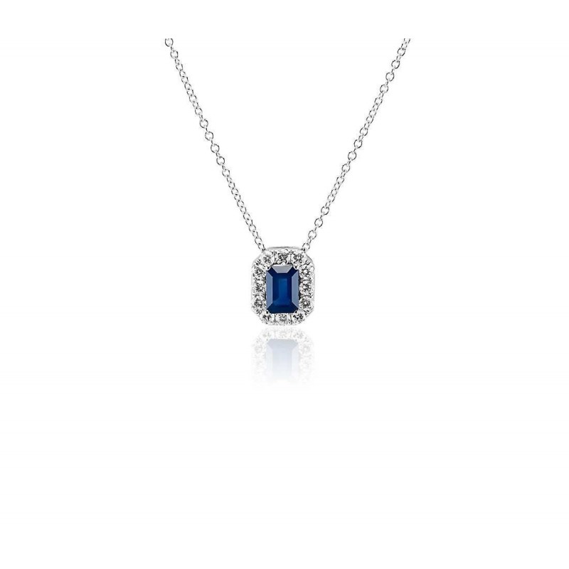 Colier din Aur Alb de 18k cu Safir Albastru Natural si Diamante